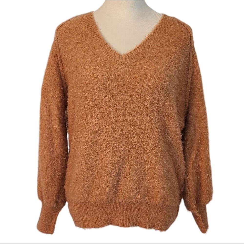 Newbury Kustom Fuzzy Eyelash Knit Sweater Womens L Rust V-Neck Soft Cozy Y2K